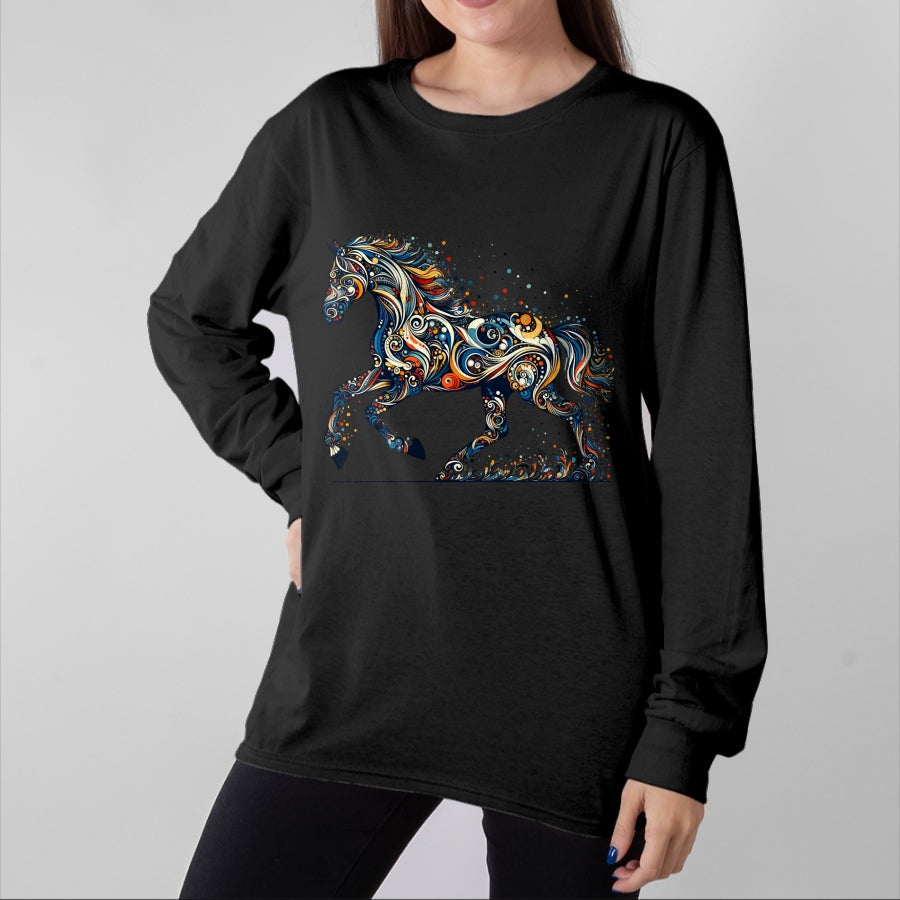 Best Horse Lover Shirt , Funny Horse UnisexT-Shirt/Hoodie/Sweatshirt HLT00 - Elegant Galloping Horse with Intricate Colorful Details Long Sleeve T-Shirt