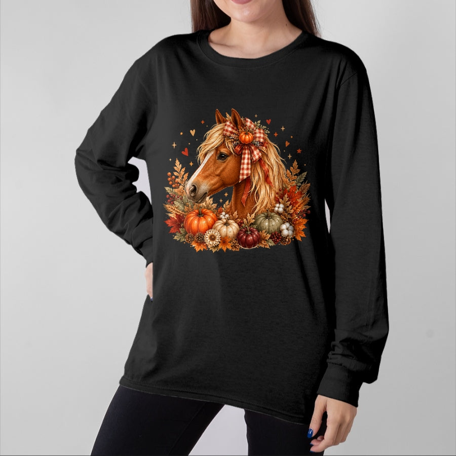 Best Horse Lover Shirt , Funny Horse UnisexT-Shirt/Hoodie/Sweatshirt HLT00 - Cute Horse Pumpkin Coquette Bow Autumn Fall Equestrian T-Shirt