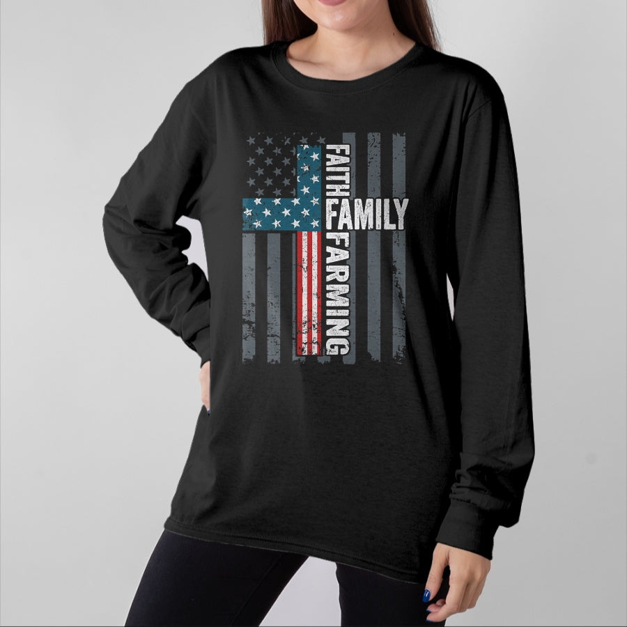 Best Farmer Life Shirt, Funny Farmer UnisexT-Shirt/Hoodie/Sweatshirt HLT00 - Faith Family Farming Freedom - Christian Farmer Cross Flag T-Shirt