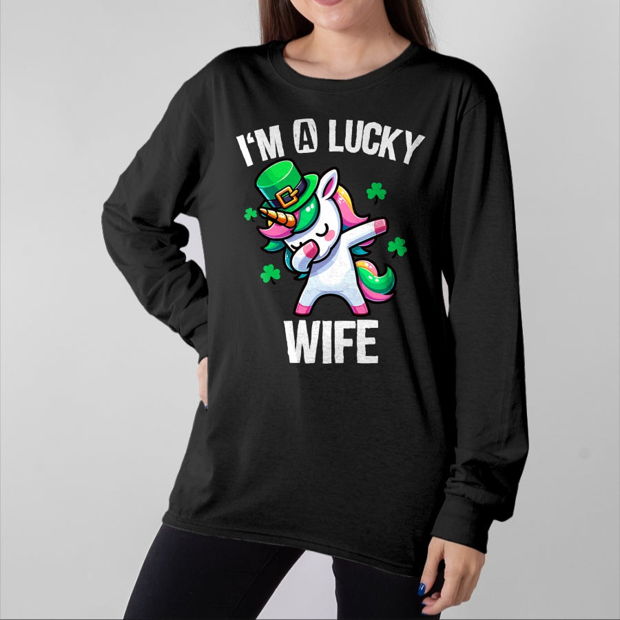 Best Wife Shirt, Wife and Husband Unisex T-Shirt/Hoodie/Sweatshirt HLT00 - Gift for wife T shirt, lucky wife I'm a Lucky Wife Dabbing Cute Unicorn St. Patrick's Day T-Shirt (1)
