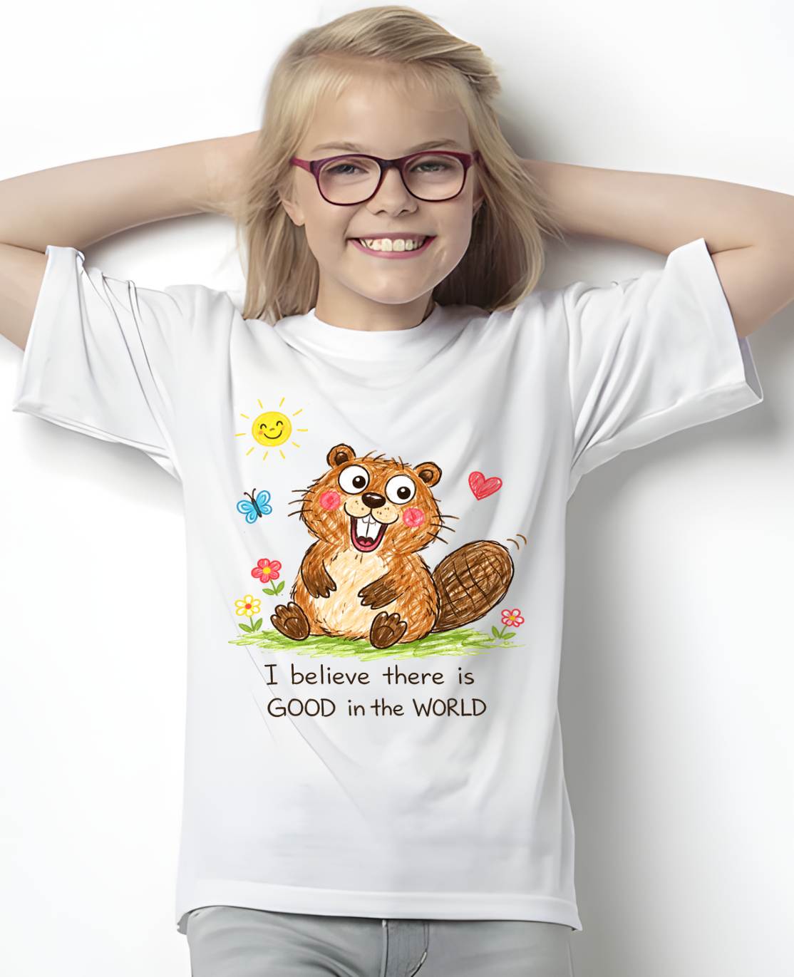 Cute Beaver Crayon Drawing Shirt – “I Believe There Is GOOD In The WORLD” Positive Quote Tee, Feel-Good Gift Idea - NTTD00 (SKU2603-289)