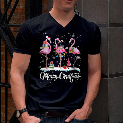 Merry Christmas Hat Santa Flamingo Light Christmas HNDS T-Shirt - Christmas Unisex T-Shirt/Hoodie/Sweatshirt - HNDS00