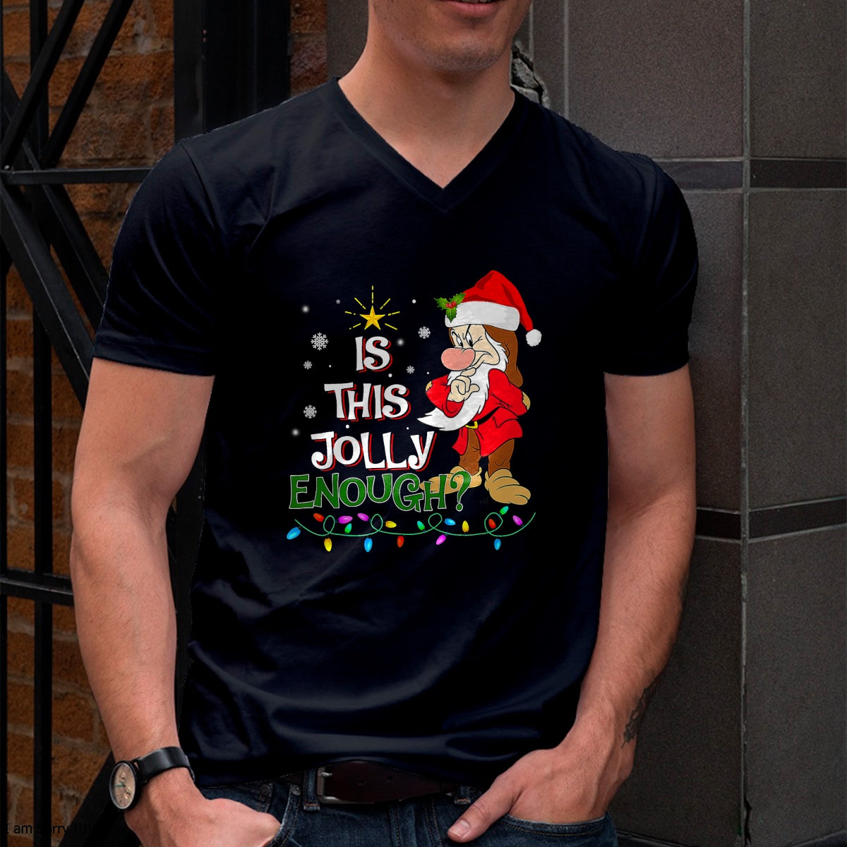 Is This Jolly Enough Grumpy Elf Pajama Christmas Lights T-Shirt - Christmas Unisex T-Shirt/Hoodie/Sweatshirt - HNDS00