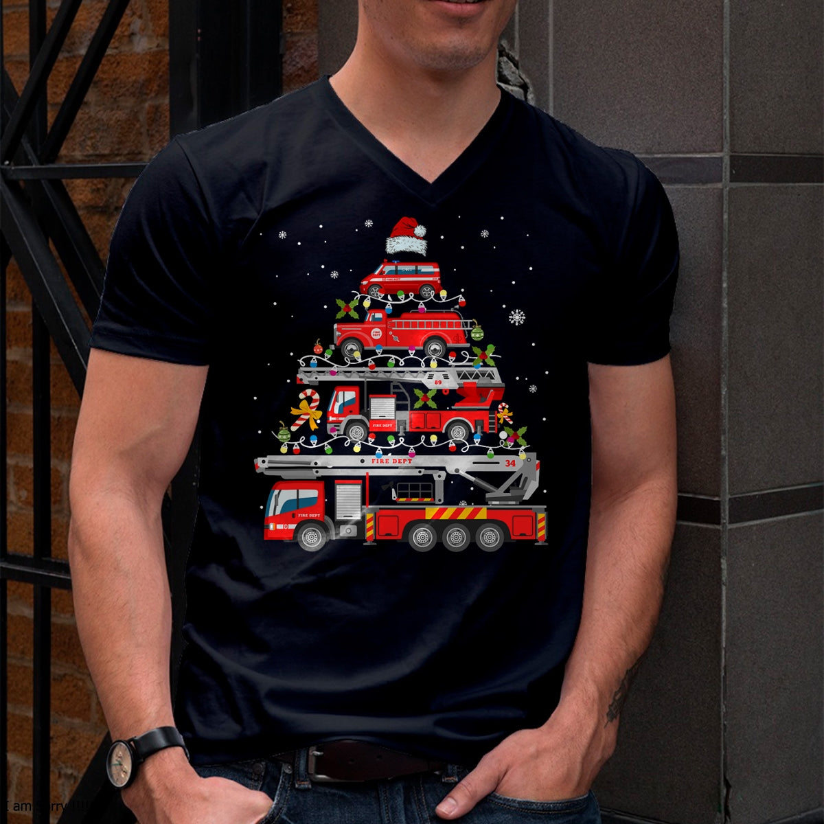 Firefighter Fire Truck Christmas Tree Lights Santa Fireman T-Shirt - Christmas Unisex T-Shirt/Hoodie/Sweatshirt - HNDS00
