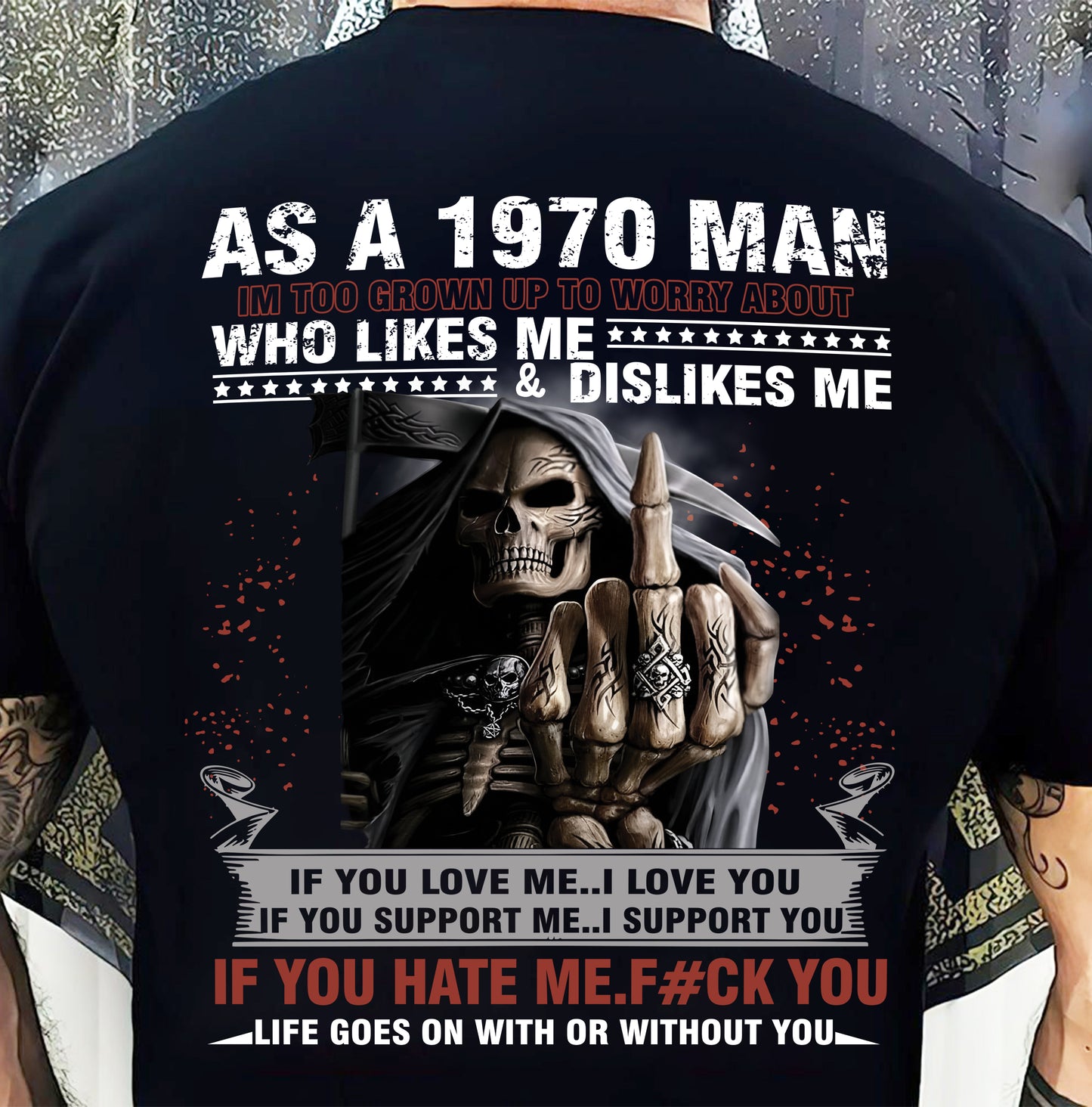 1970 Man Attitude T-Shirt – Grim Reaper Middle Finger Us1970 (SKU07-115-70)