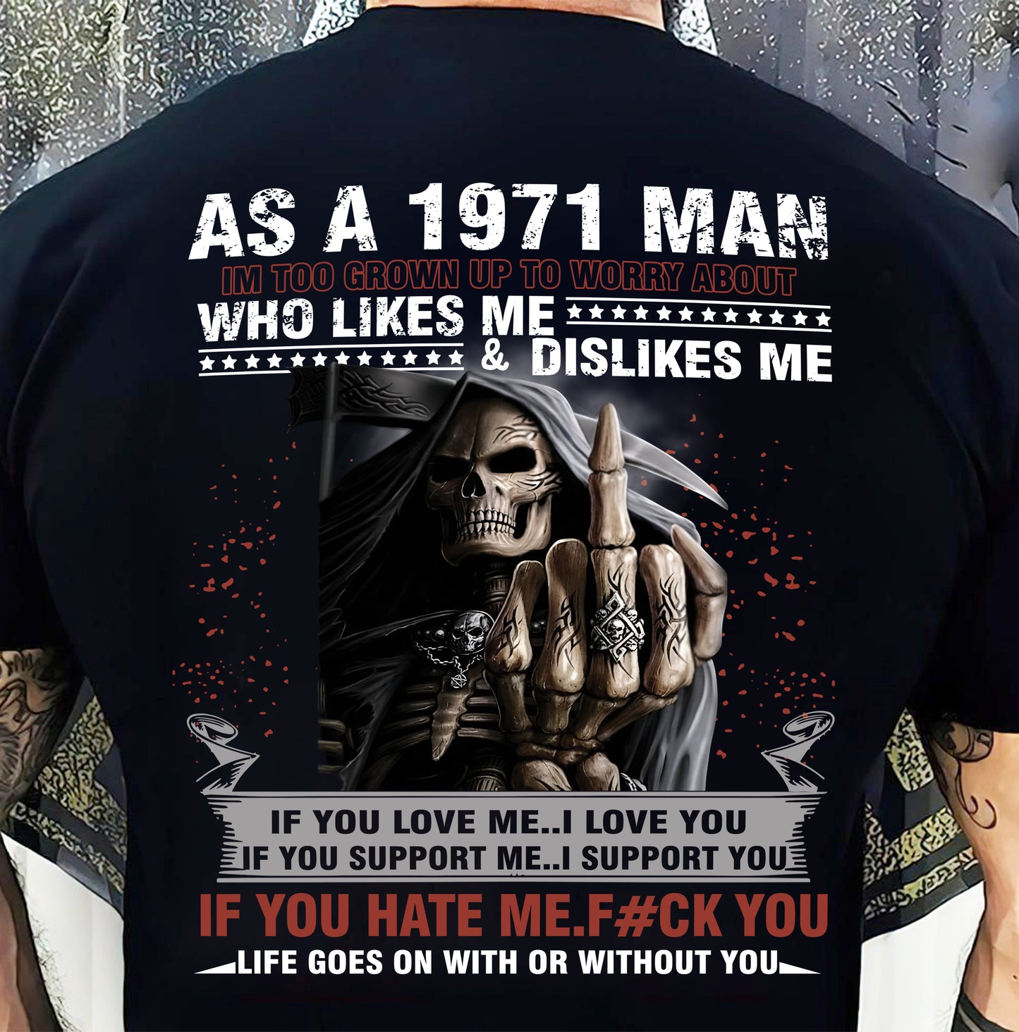 1971 Man Attitude T-Shirt – Grim Reaper Middle Finger Us1971 (SKU07-115-71)