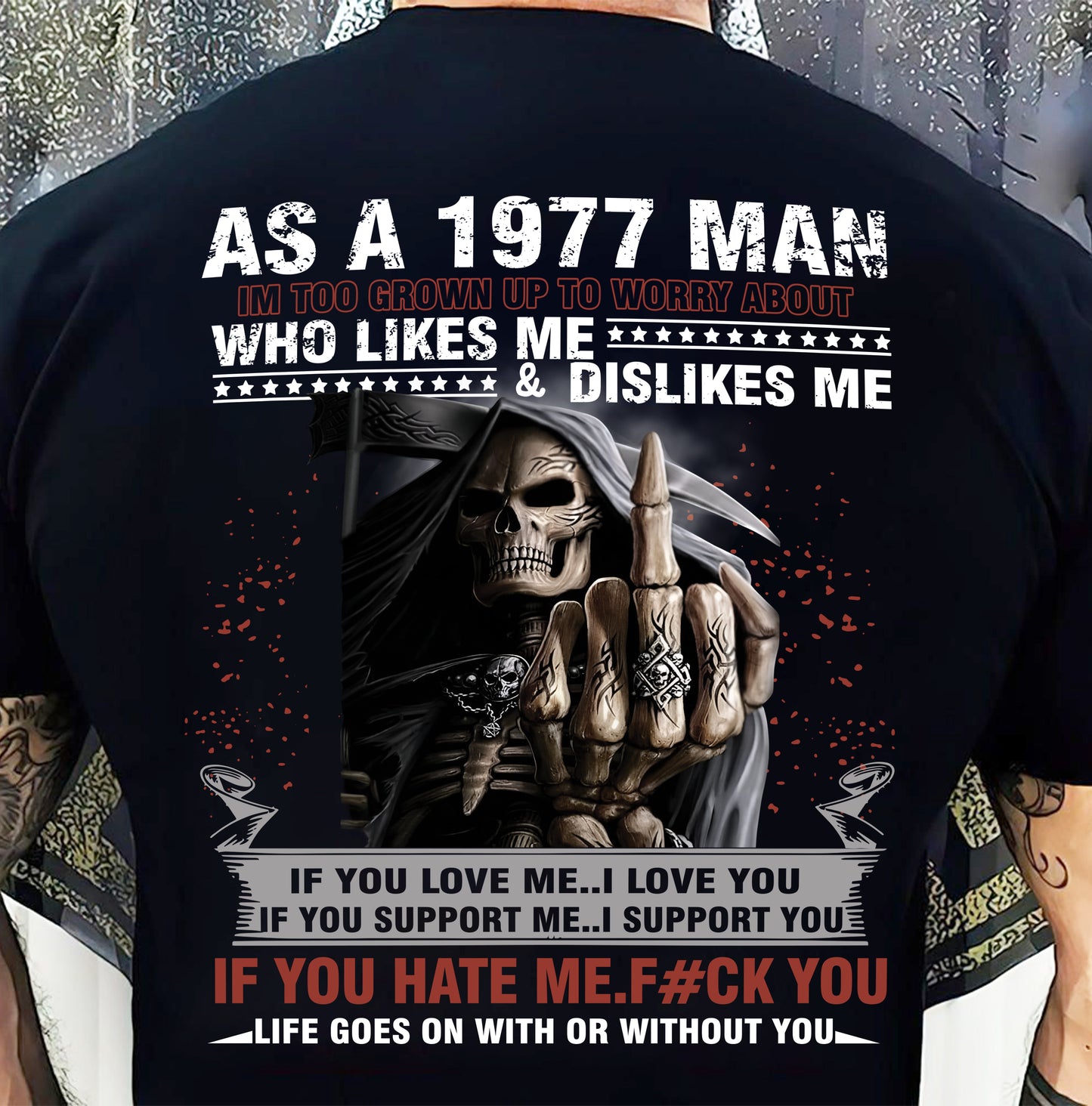 1977 Man Attitude T-Shirt – Grim Reaper Middle Finger Us1977 (SKU07-115-77)