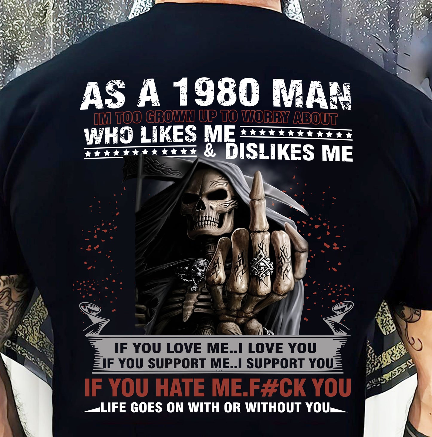1980 Man Attitude T-Shirt – Grim Reaper Middle Finger Us1980 (SKU07-115-80)