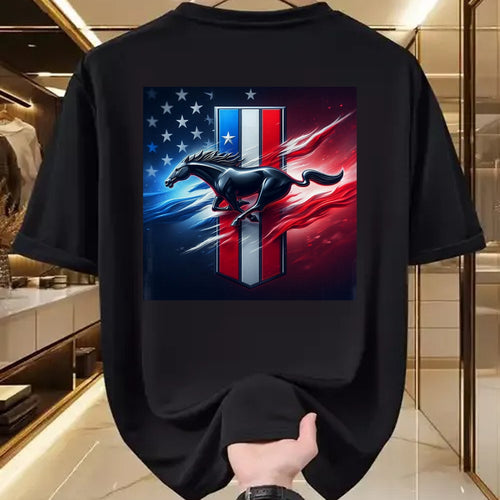Best Horse Lover Shirt , Funny Horse UnisexT-Shirt/Hoodie/Sweatshirt HLT00 - Galloping Mustang on Tri-Bar & Flag Background T-Shirt