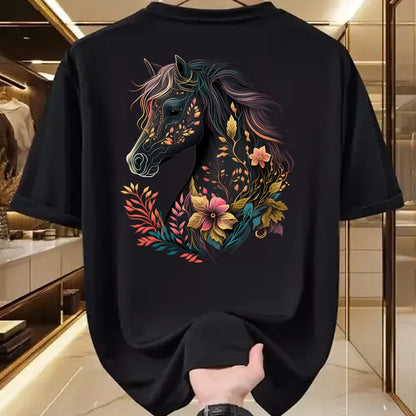 Best Horse Lover Shirt , Funny Horse UnisexT-Shirt/Hoodie/Sweatshirt HLT00 - Beautiful Horse with Flowers and Plants Equestrian Art Black Long Sleeve T-Shirt