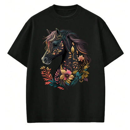 Best Horse Lover Shirt , Funny Horse UnisexT-Shirt/Hoodie/Sweatshirt HLT00 - Beautiful Horse with Flowers and Plants Equestrian Art Black Long Sleeve T-Shirt