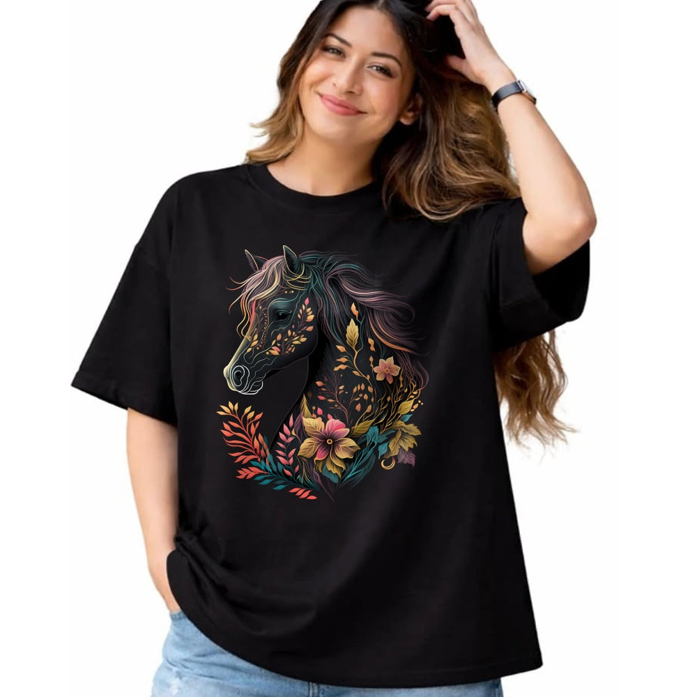 Best Horse Lover Shirt , Funny Horse UnisexT-Shirt/Hoodie/Sweatshirt HLT00 - Beautiful Horse with Flowers and Plants Equestrian Art Black Long Sleeve T-Shirt