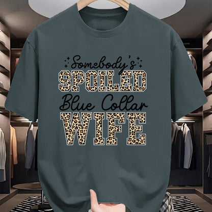 Best Wife Shirt, Wife and Husband Unisex T-Shirt/Hoodie/Sweatshirt HLT00 - Gift for wife T shirt, spoiled wife   Somebody's Spoiled Blue Collar Wife Leopard Mother's Day T-Shi