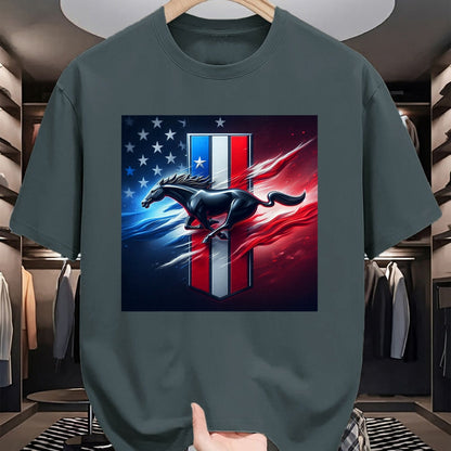 Best Horse Lover Shirt , Funny Horse UnisexT-Shirt/Hoodie/Sweatshirt HLT00 - Galloping Mustang on Tri-Bar & Flag Background T-Shirt