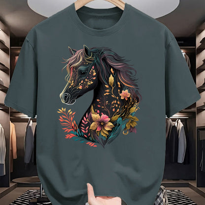 Best Horse Lover Shirt , Funny Horse UnisexT-Shirt/Hoodie/Sweatshirt HLT00 - Beautiful Horse with Flowers and Plants Equestrian Art Black Long Sleeve T-Shirt