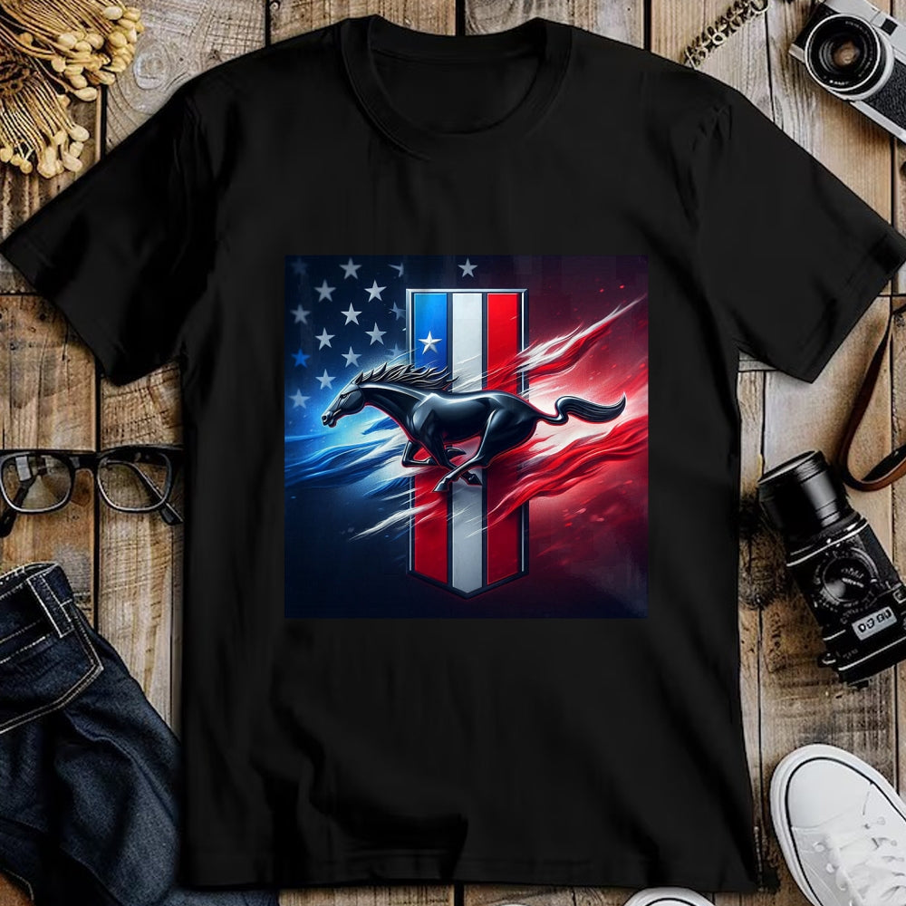 Best Horse Lover Shirt , Funny Horse UnisexT-Shirt/Hoodie/Sweatshirt HLT00 - Galloping Mustang on Tri-Bar & Flag Background T-Shirt