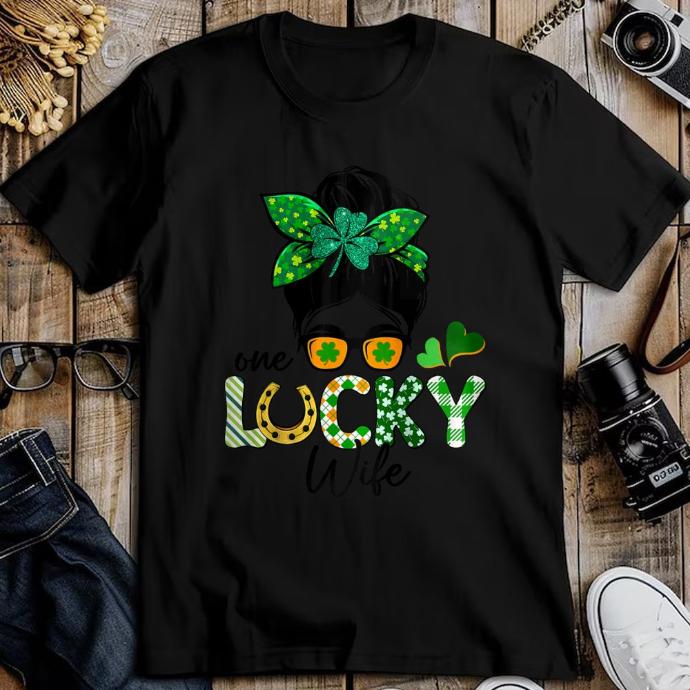 Best Wife Shirt, Wife and Husband Unisex T-Shirt/Hoodie/Sweatshirt HLT00 - Gift for wife T shirt, lucky wife   Womens One Lucky Wife Messy Bun Irish St Patricks Day Shamrock R