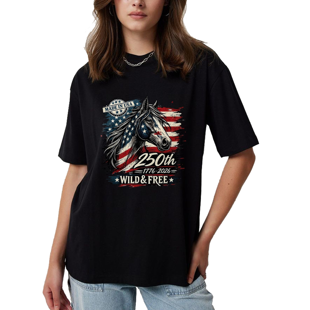 Best Horse Lover Shirt , Funny Horse UnisexT-Shirt/Hoodie/Sweatshirt HLT00 - America 250th Horse USA Flag Independence 1776-2026 Western T-Shirt, Men, Black, 3X-Large