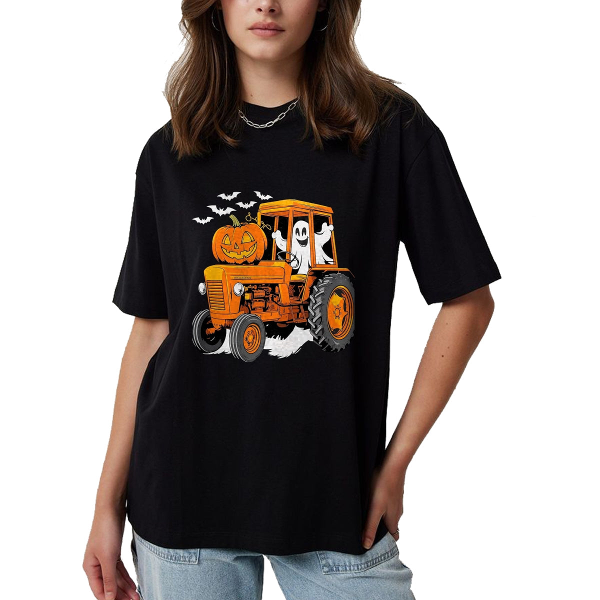 Best Farmer Life Shirt, Funny Farmer UnisexT-Shirt/Hoodie/Sweatshirt HLT00 - Farmer Tractor Ghost and Pumpkin Halloween Costume T-Shirt, Men, Navy Blue, Large