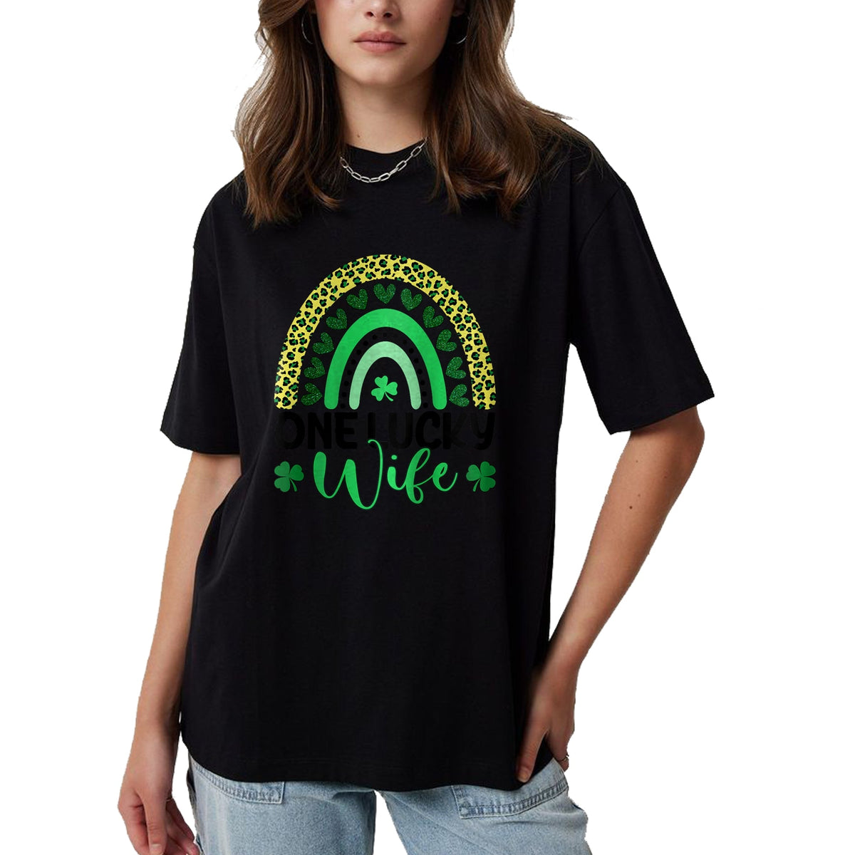 Best Wife Shirt, Wife and Husband Unisex T-Shirt/Hoodie/Sweatshirt HLT00 - Gift for wife T shirt, lucky wife   Womens One Lucky Wife Leopard Rainbow Saint Patrick's Day Raglan