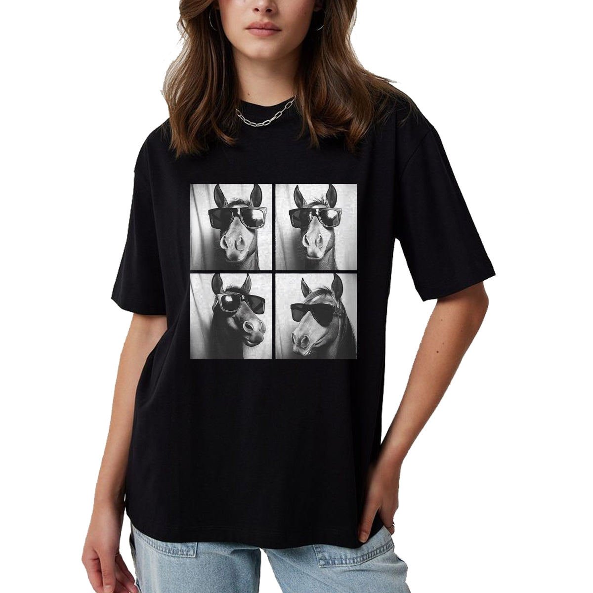 Best Horse Lover Shirt , Funny Horse UnisexT-Shirt/Hoodie/Sweatshirt HLT00 - Funny Horse Wearing Sunglasses Photobooth Selfie Farm Animal T-Shirt, Men, Black, 3X-Large