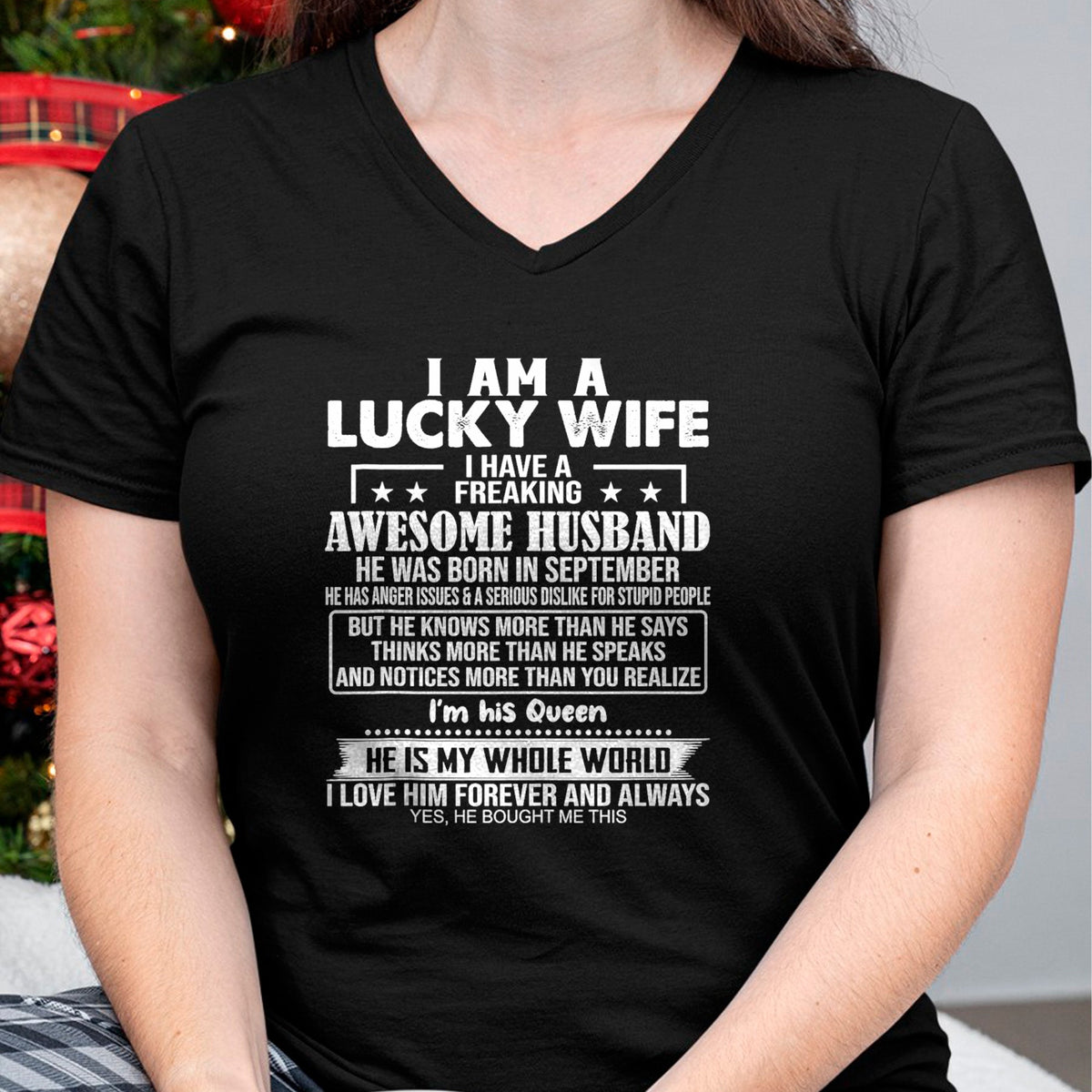 Best Wife Shirt, Wife and Husband Unisex T-Shirt/Hoodie/Sweatshirt HLT00 - Gift for wife T shirt, lucky wife   I Am A Lucky Wife I Have A Freaking Awesome Husband SEPTEMBE Tan