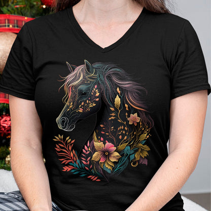 Best Horse Lover Shirt , Funny Horse UnisexT-Shirt/Hoodie/Sweatshirt HLT00 - Beautiful Horse with Flowers and Plants Equestrian Art Black Long Sleeve T-Shirt