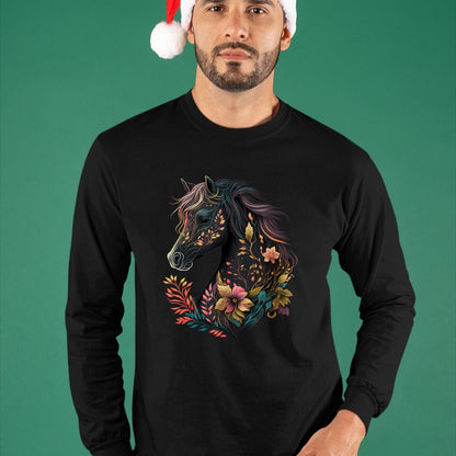 Best Horse Lover Shirt , Funny Horse UnisexT-Shirt/Hoodie/Sweatshirt HLT00 - Beautiful Horse with Flowers and Plants Equestrian Art Black Long Sleeve T-Shirt