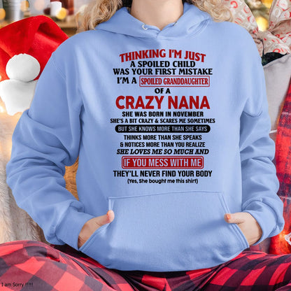 SPOILED GRANDDAUGHTER OF A CRAZY NANA T-SHIRT November Edition – From grandma to granddaughter - NTT11 (SKU07-129-11)