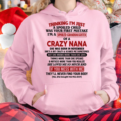 SPOILED GRANDDAUGHTER OF A CRAZY NANA T-SHIRT November Edition – From grandma to granddaughter - NTT11 (SKU07-129-11)