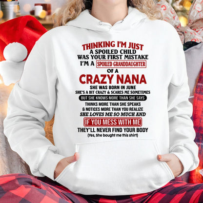 SPOILED GRANDDAUGHTER OF A CRAZY NANA T-SHIRT June Edition – From grandma to granddaughter - NTT06 (SKU07-129-06)