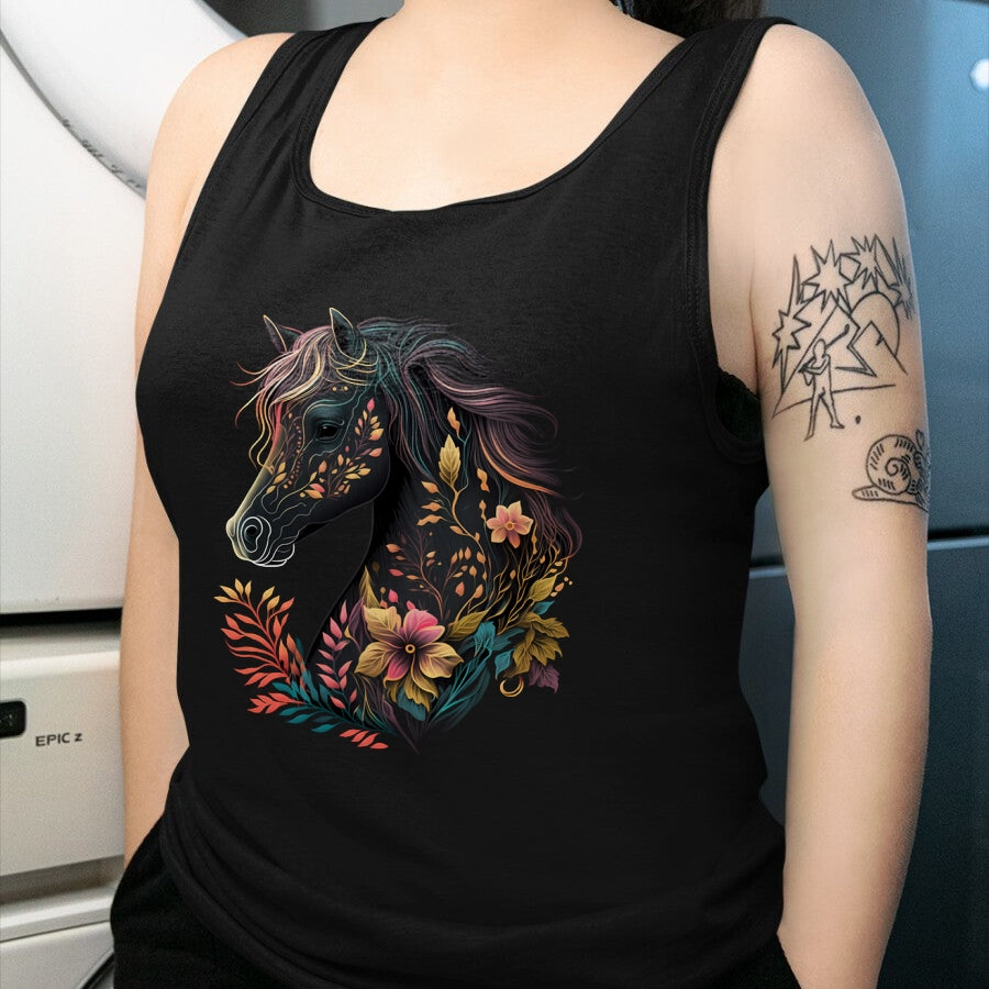 Best Horse Lover Shirt , Funny Horse UnisexT-Shirt/Hoodie/Sweatshirt HLT00 - Beautiful Horse with Flowers and Plants Equestrian Art Black Long Sleeve T-Shirt
