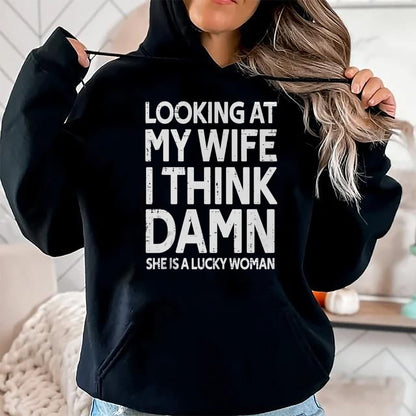 Best Wife Shirt, Wife and Husband Unisex T-Shirt/Hoodie/Sweatshirt HLT00 - Gift for wife T shirt, lucky wife   Funny My Wife Is A Lucky Woman Husband Gift Wife Themed Gift Tan (1)
