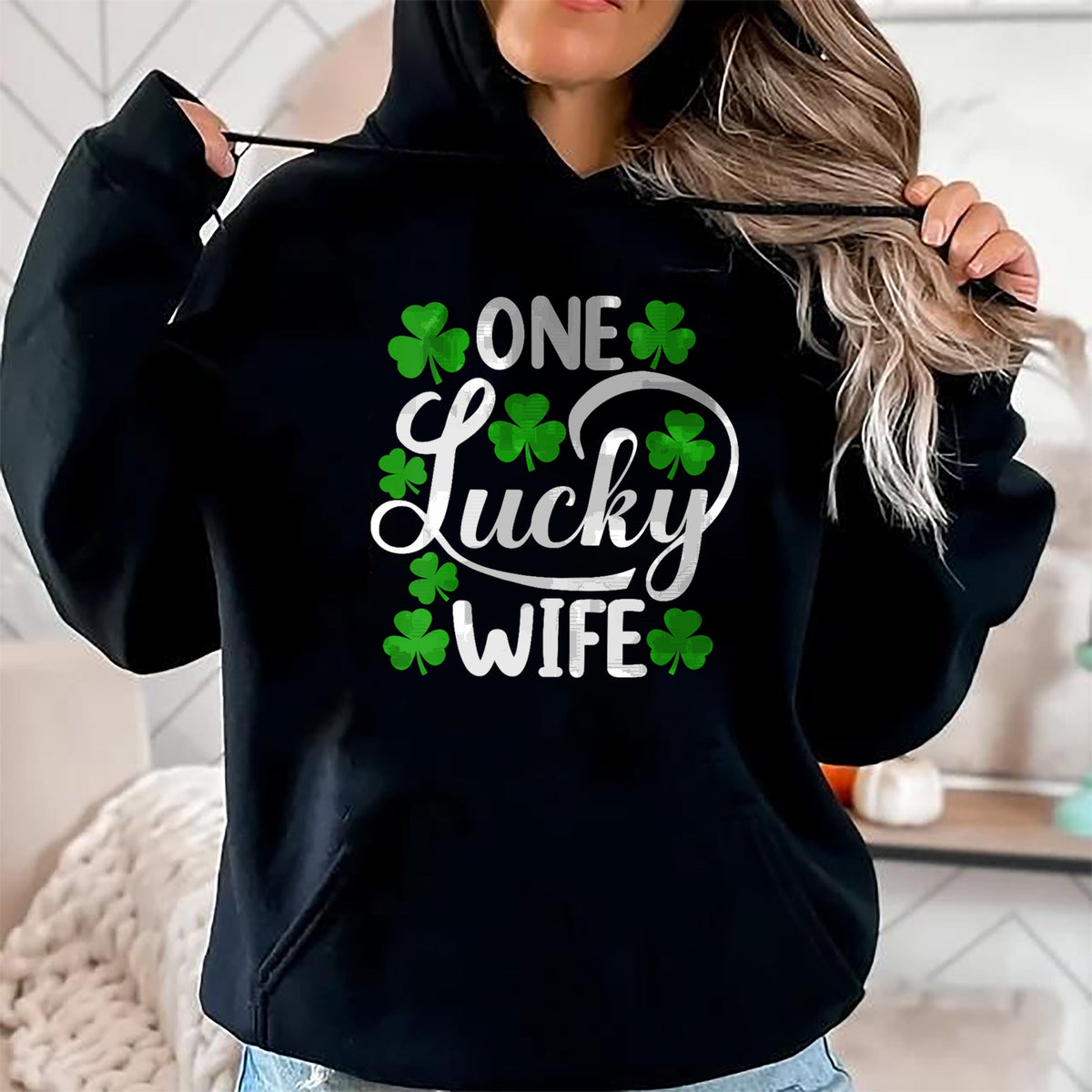 Best Wife Shirt, Wife and Husband Unisex T-Shirt/Hoodie/Sweatshirt HLT00 - Gift for wife T shirt, lucky wife   Womens One Lucky Wife Funny St Patrick's Day Shamrocks V-Neck T-