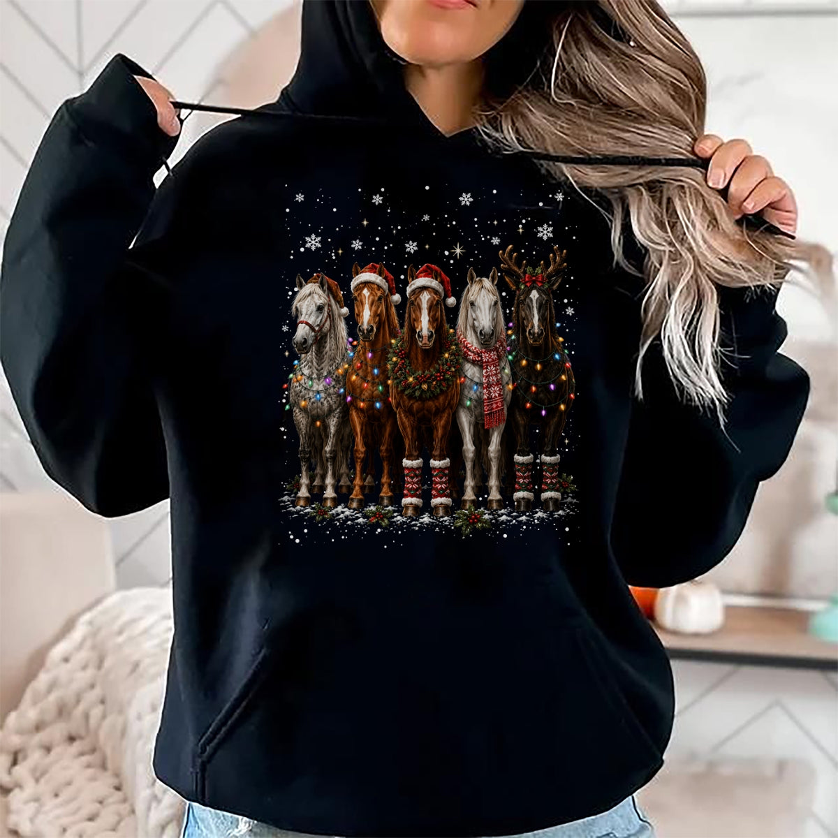 Best Horse Lover Shirt , Funny Horse UnisexT-Shirt/Hoodie/Sweatshirt HLT00 - Christmas Horses Santa Hat Lights Pajama Xmas Horse Lover T-Shirt