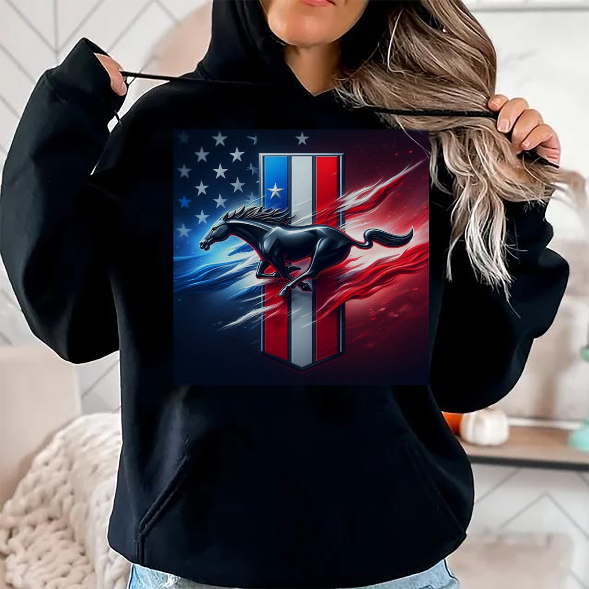 Best Horse Lover Shirt , Funny Horse UnisexT-Shirt/Hoodie/Sweatshirt HLT00 - Galloping Mustang on Tri-Bar & Flag Background T-Shirt