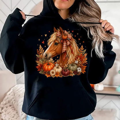 Best Horse Lover Shirt , Funny Horse UnisexT-Shirt/Hoodie/Sweatshirt HLT00 - Cute Horse Pumpkin Coquette Bow Autumn Fall Equestrian T-Shirt