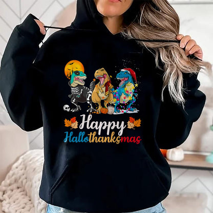 Halloween Thanksgiving Christmas Happy HalloThanksMas T rex T-Shirt - Christmas Unisex T-Shirt/Hoodie/Sweatshirt - HNDS00