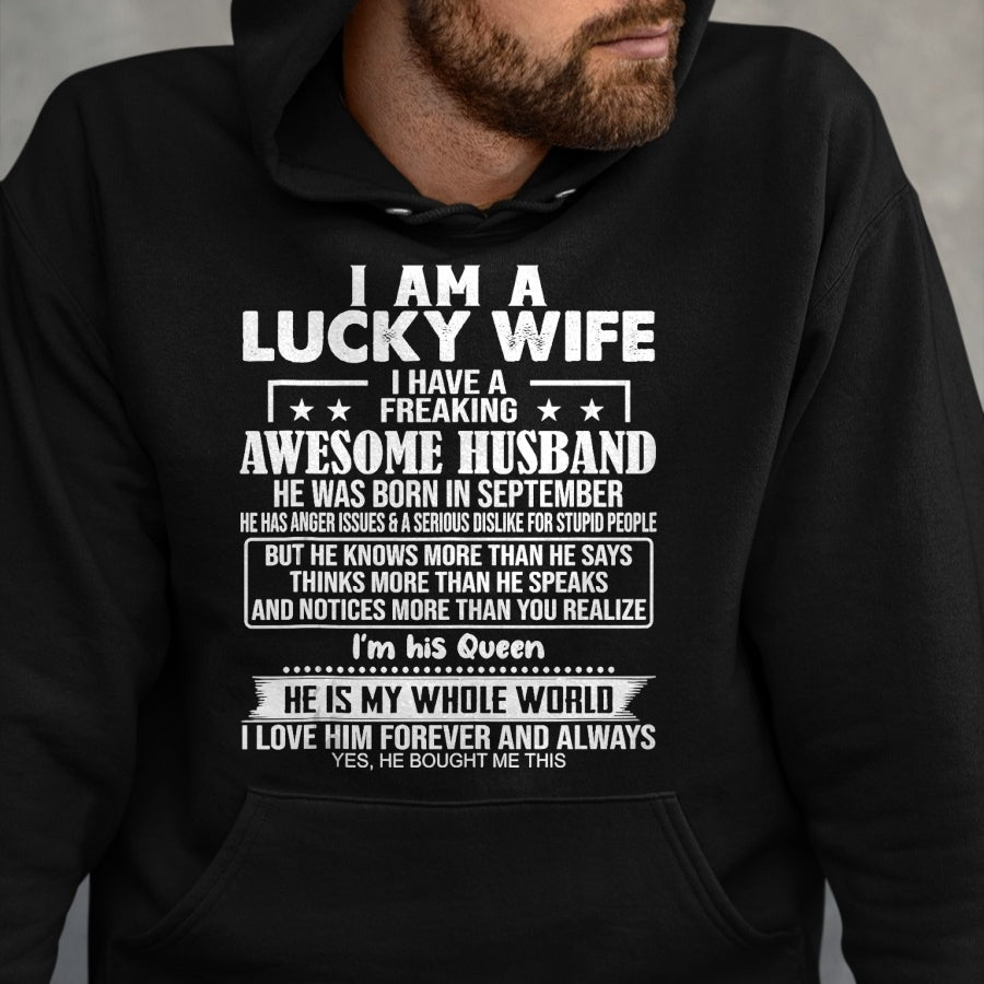 Best Wife Shirt, Wife and Husband Unisex T-Shirt/Hoodie/Sweatshirt HLT00 - Gift for wife T shirt, lucky wife   I Am A Lucky Wife I Have A Freaking Awesome Husband SEPTEMBE Tan