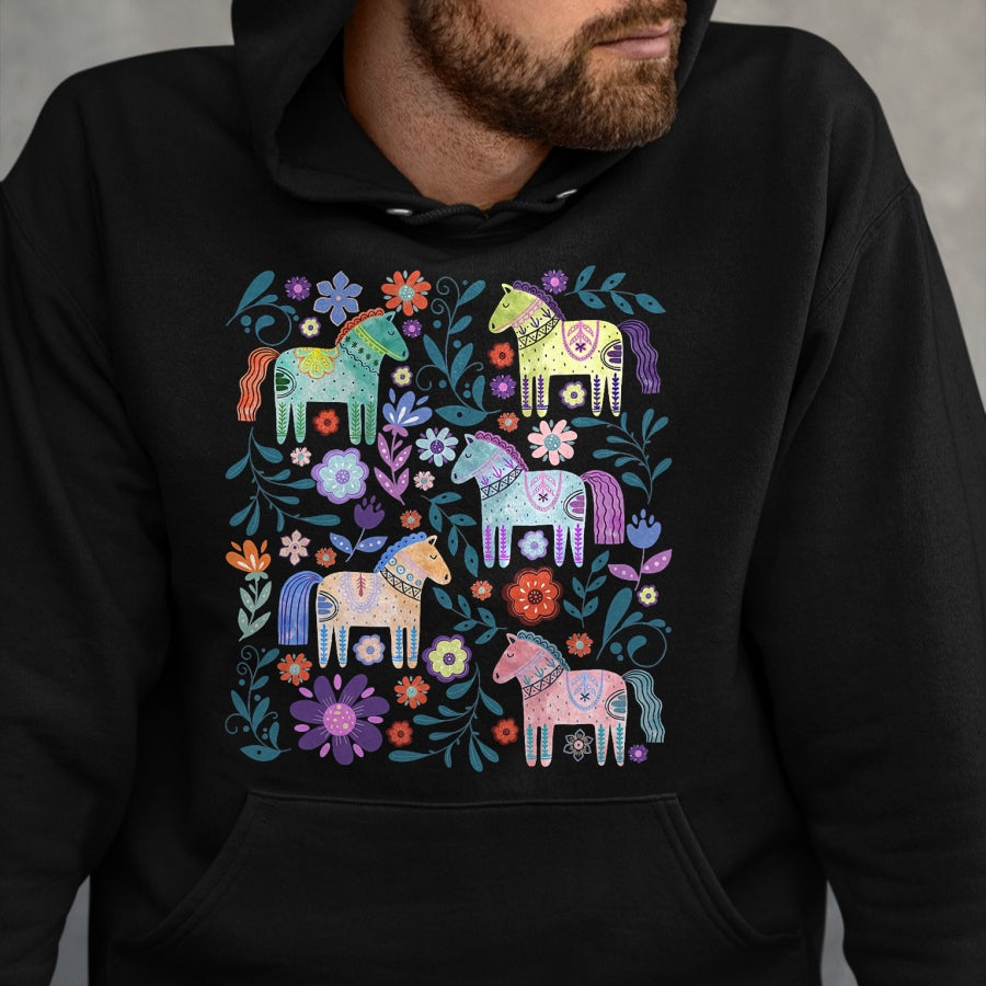 Best Horse Lover Shirt , Funny Horse UnisexT-Shirt/Hoodie/Sweatshirt HLT00 - Cottagecore Dala Horse Scandinavian Folk Art Floral Animals T-Shirt