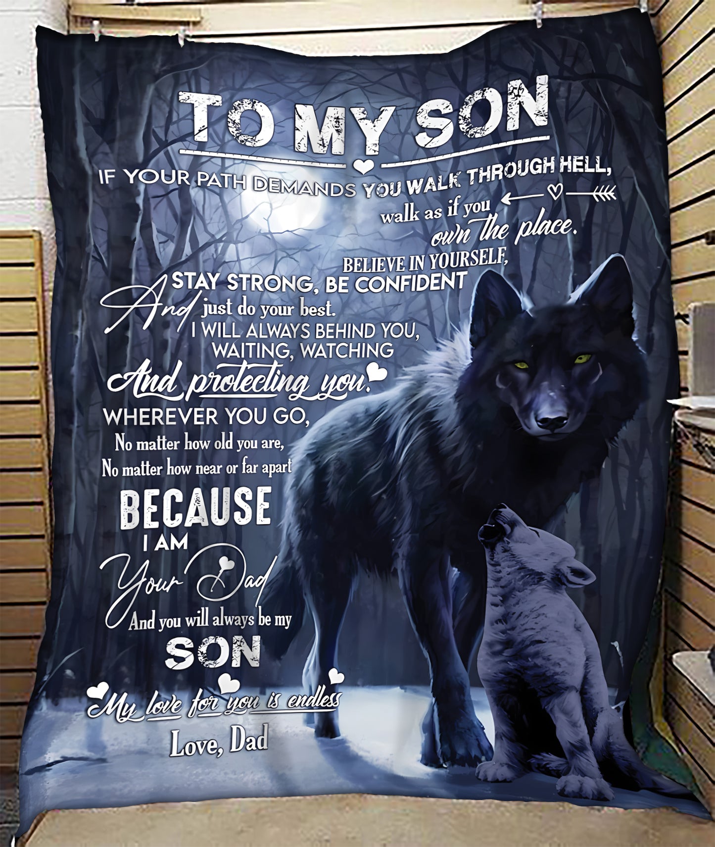 Dad to Son Blanket – Heartfelt Message & Wolves Design (SKU06-96)