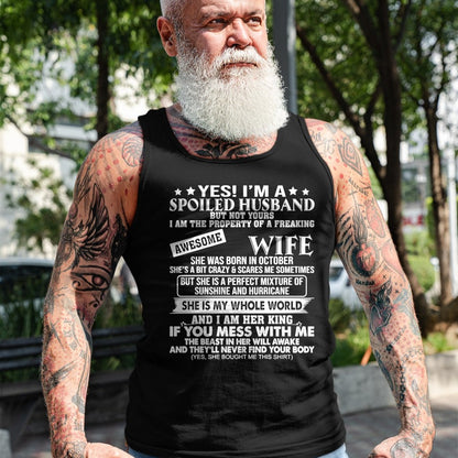 Best Wife Shirt, Wife and Husband Unisex T-Shirt/Hoodie/Sweatshirt HLT00 - I'm A Spoiled Husband Of A Freaking Awesome Wife OCTOBER Long Sleeve T-Shirt