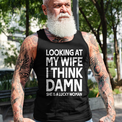 Best Wife Shirt, Wife and Husband Unisex T-Shirt/Hoodie/Sweatshirt HLT00 - Gift for wife T shirt, lucky wife   Funny My Wife Is A Lucky Woman Husband Gift Wife Themed Gift Tan (1)