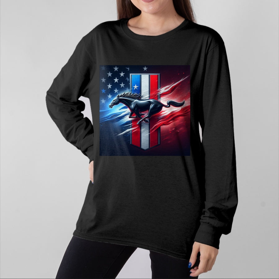 Best Horse Lover Shirt , Funny Horse UnisexT-Shirt/Hoodie/Sweatshirt HLT00 - Galloping Mustang on Tri-Bar & Flag Background T-Shirt