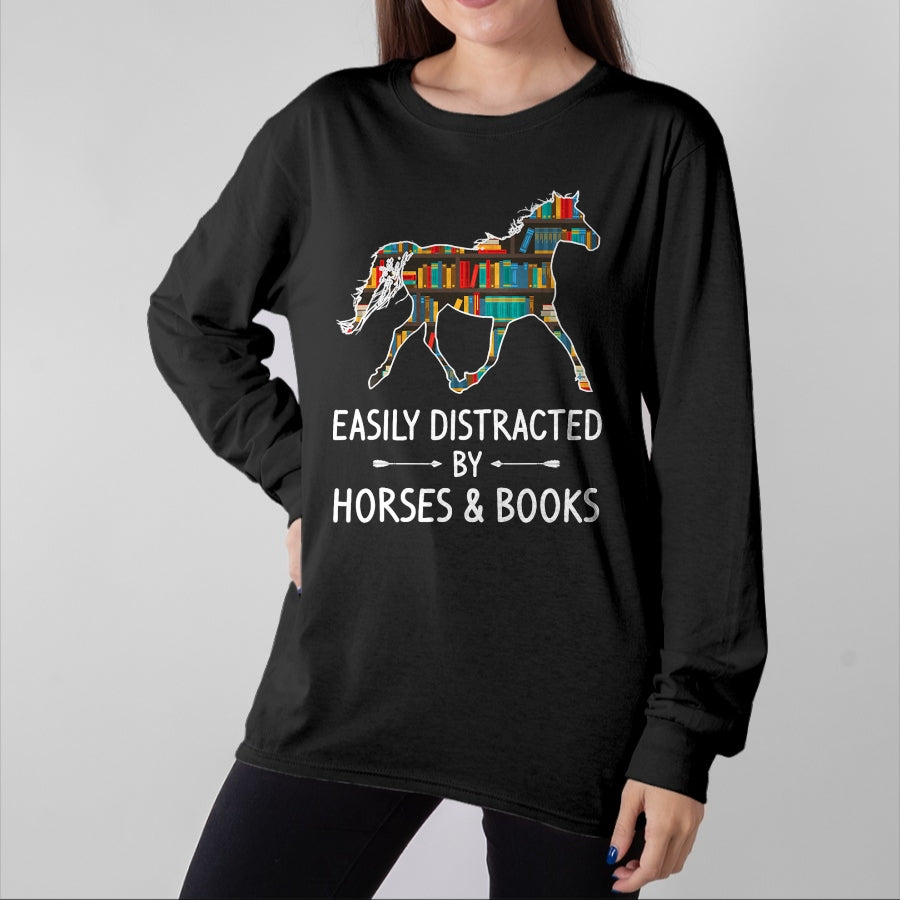 Best Horse Lover Shirt , Funny Horse UnisexT-Shirt/Hoodie/Sweatshirt HLT00 - Easily Distracted By Horses & Books Lover Gift Hare Mare T-Shirt