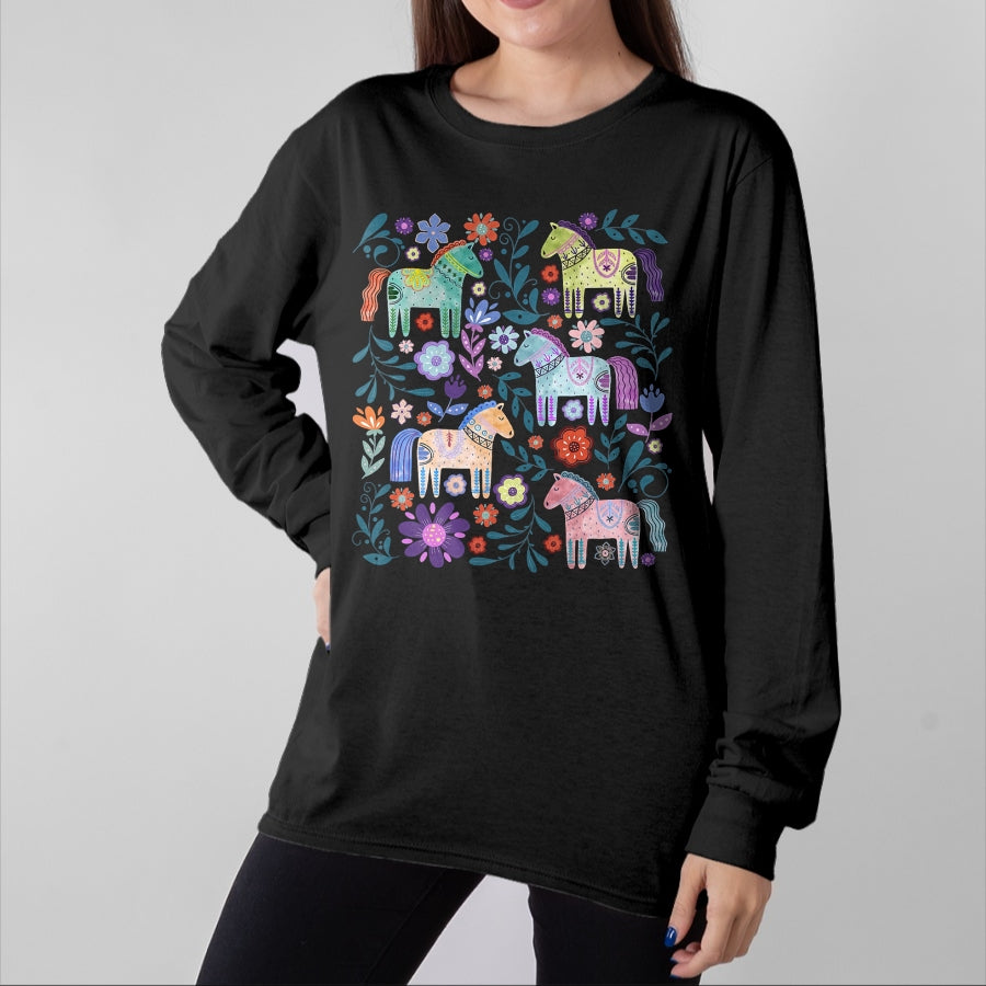 Best Horse Lover Shirt , Funny Horse UnisexT-Shirt/Hoodie/Sweatshirt HLT00 - Cottagecore Dala Horse Scandinavian Folk Art Floral Animals T-Shirt