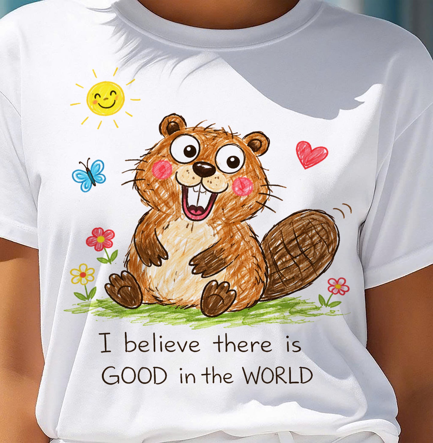 Cute Beaver Crayon Drawing Shirt – “I Believe There Is GOOD In The WORLD” Positive Quote Tee, Feel-Good Gift Idea - NTTD00 (SKU2603-289)