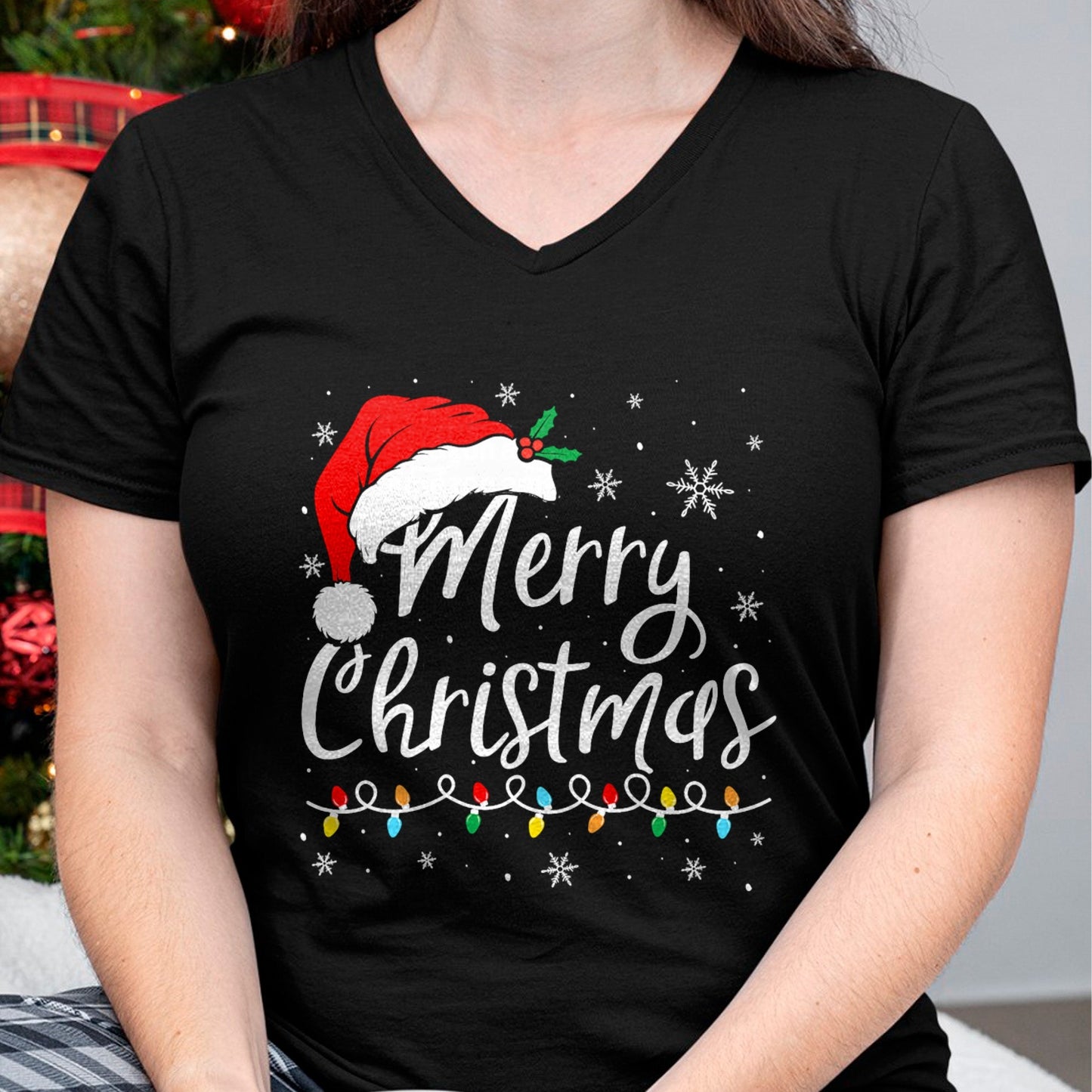Merry Christmas Lights Santa Hat Xmas Family Matching Pajama T-Shirt - Christmas Unisex T-Shirt/Hoodie/Sweatshirt - HNDS00