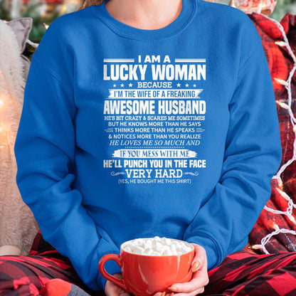 Best Wife Shirt, Wife and Husband Unisex T-Shirt/Hoodie/Sweatshirt HLT00 - Gift for wife T shirt, lucky wife   A Lucky Woman I'm the wife of a freaking awesome husband T-Shirt (1)