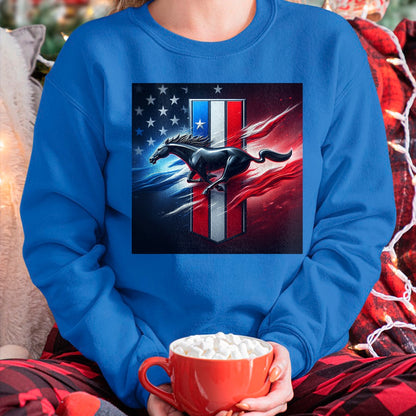 Best Horse Lover Shirt , Funny Horse UnisexT-Shirt/Hoodie/Sweatshirt HLT00 - Galloping Mustang on Tri-Bar & Flag Background T-Shirt